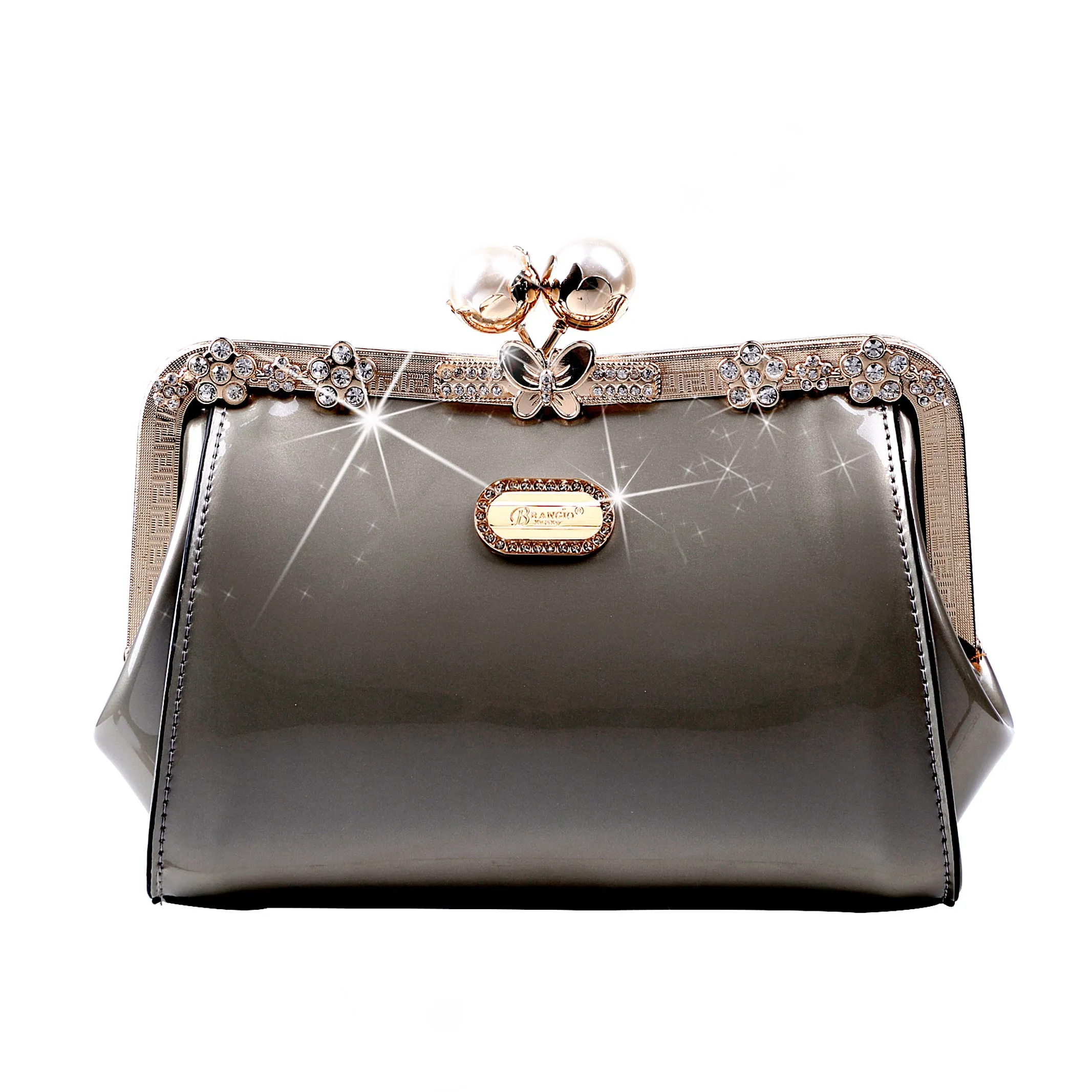 Brangio Italy Golden Elegance Clutch ?C Rose Gold Evening Bag with Pearl Kiss-Lock, Floral Crystal Embellishments & Chain Strap | U.S.A. Company Ships from L.A. Effortless Fashion