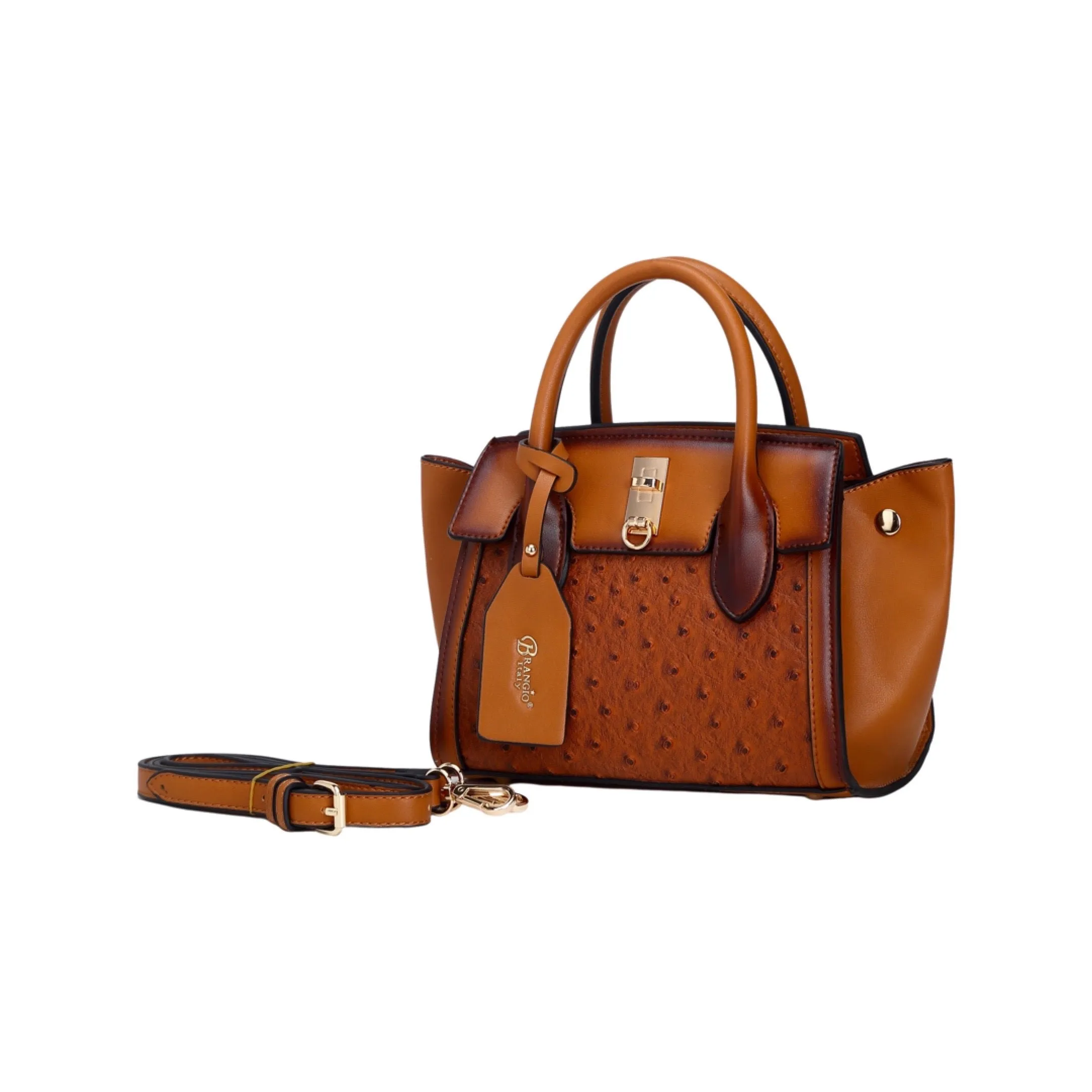 Casual style tote Brangio Italy Mini Ostrich-Embossed Designer Satchel ?C Faux Leather Small Purse with Gold Lock & Strap | U.S.A. Company Ships from L.A.