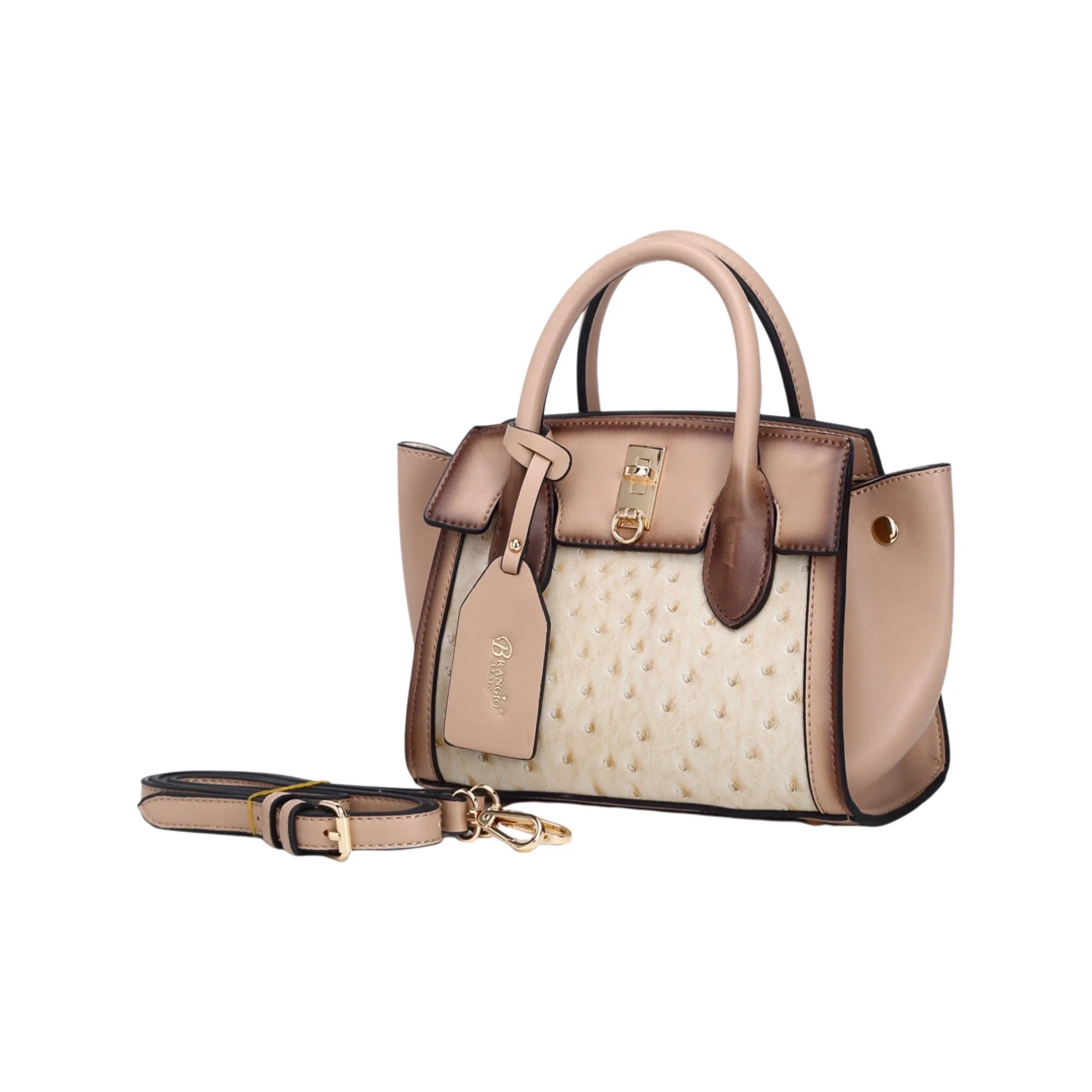 Gold Accent Brangio Italy Mini Ostrich-Embossed Designer Satchel ?C Faux Leather Small Purse with Gold Lock & Strap | U.S.A. Company Ships from L.A.