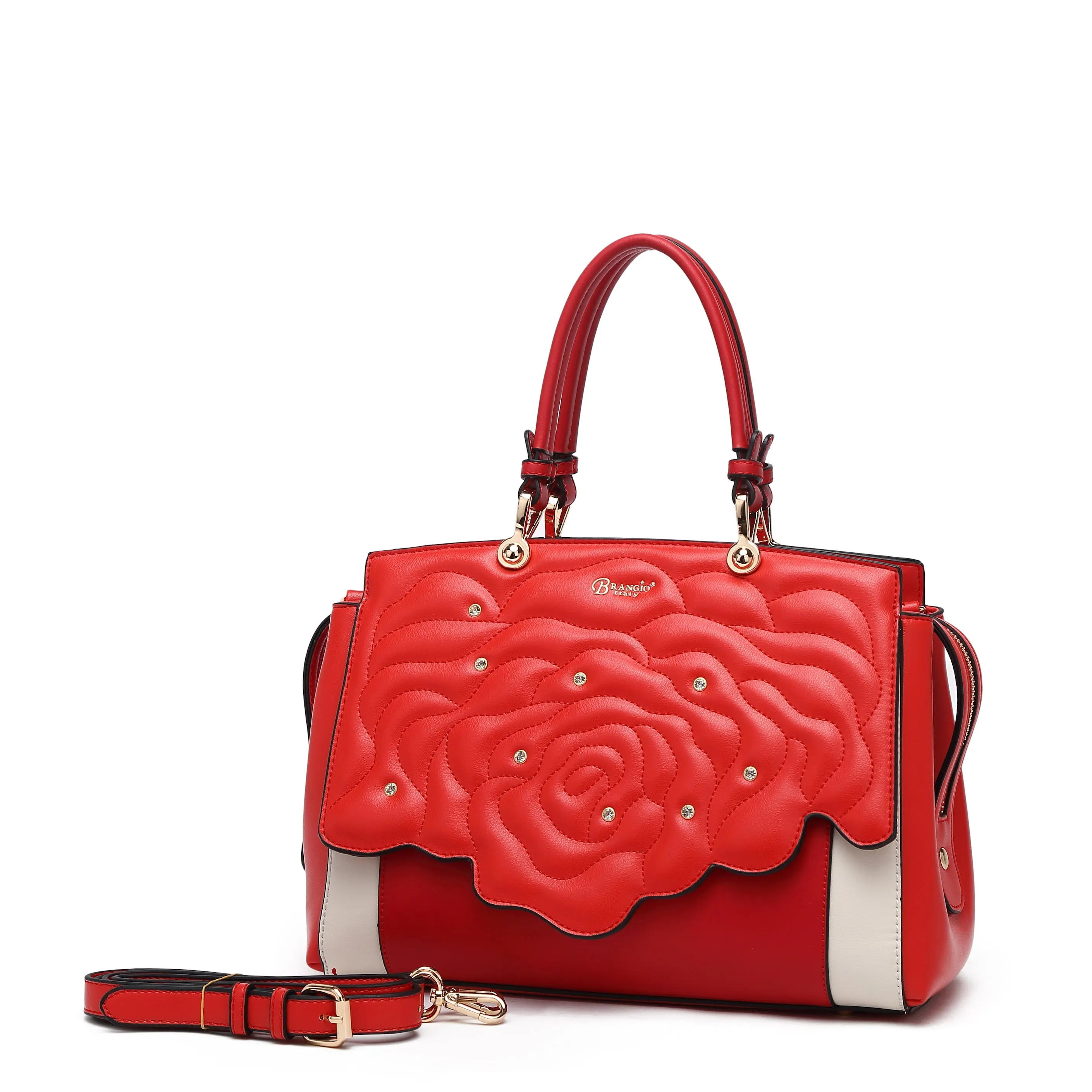 Brangio Italy Rose Embossed Gold Designer Handbag ?C Faux Leather Satchel with Rhinestone Accents & Convertible Strap | U.S.A. Company Ships from L.A. Fashion Daily
