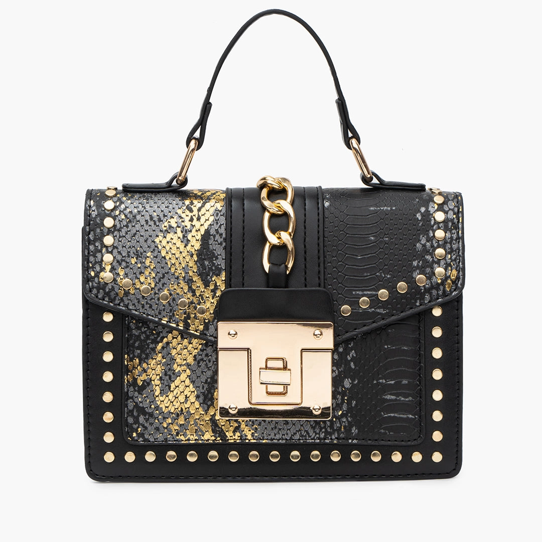 Classic Style Statement Messenger Bag with Chain Detail and Python Texture