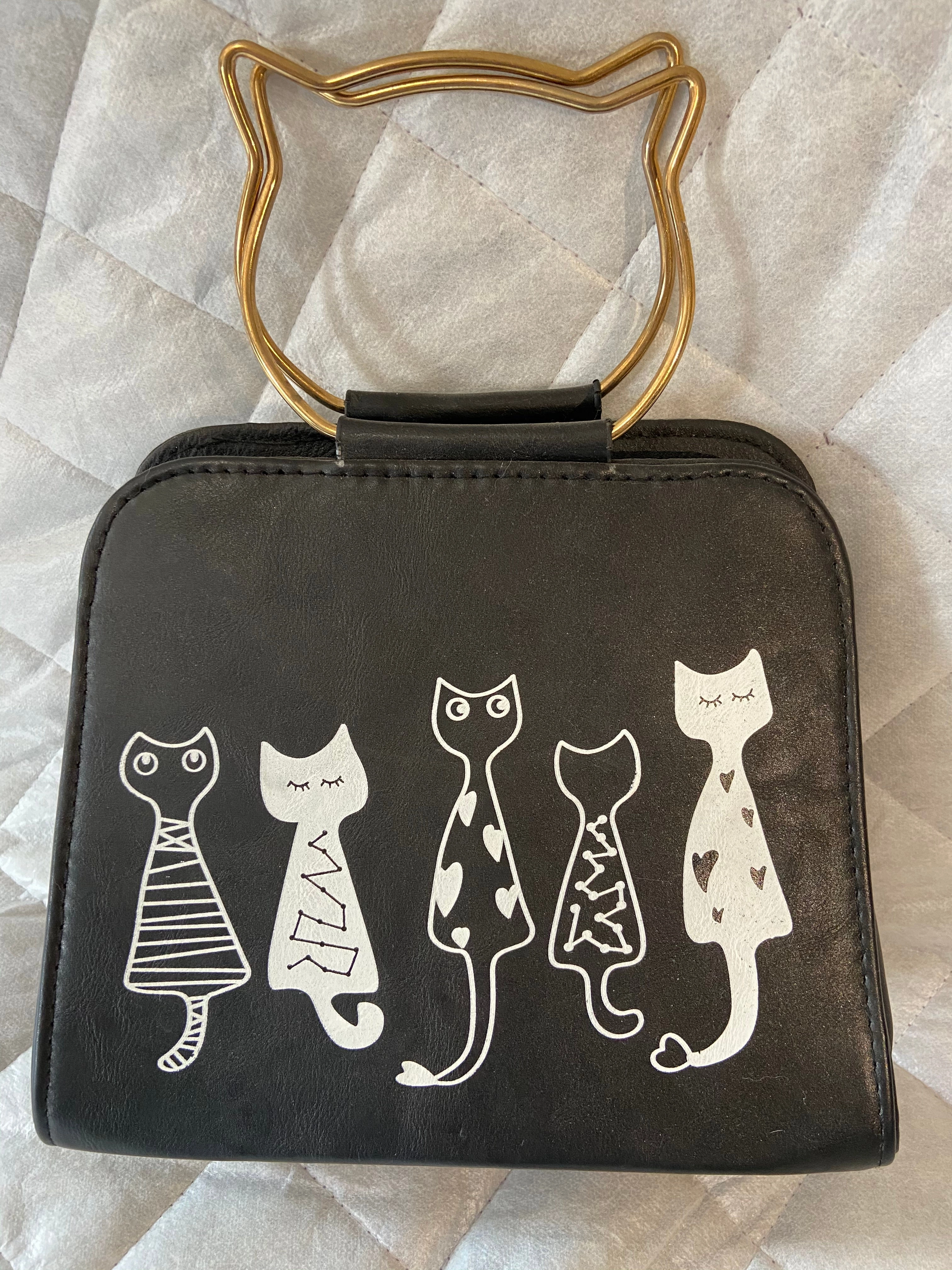 Cat Purse - Sitting Kitties with Cat Shaped Gold Handle Handbag Durable Organizer Minimal Look
