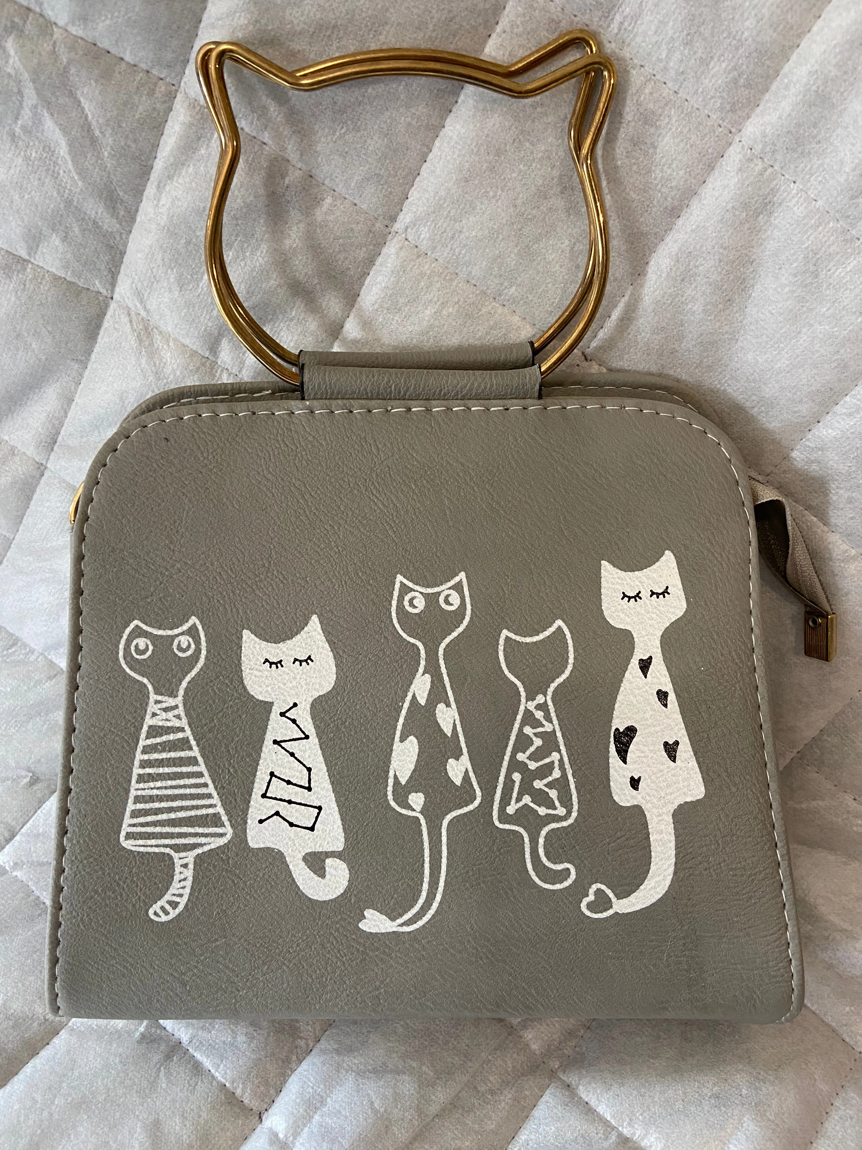 Work Routine Soft Texture Cat Purse - Sitting Kitties with Cat Shaped Gold Handle Handbag