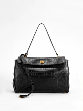 Durable Travel Modern Functionality Celeste | Black Croc-Embossed Leather Handbag ?C Sophisticated & Chic