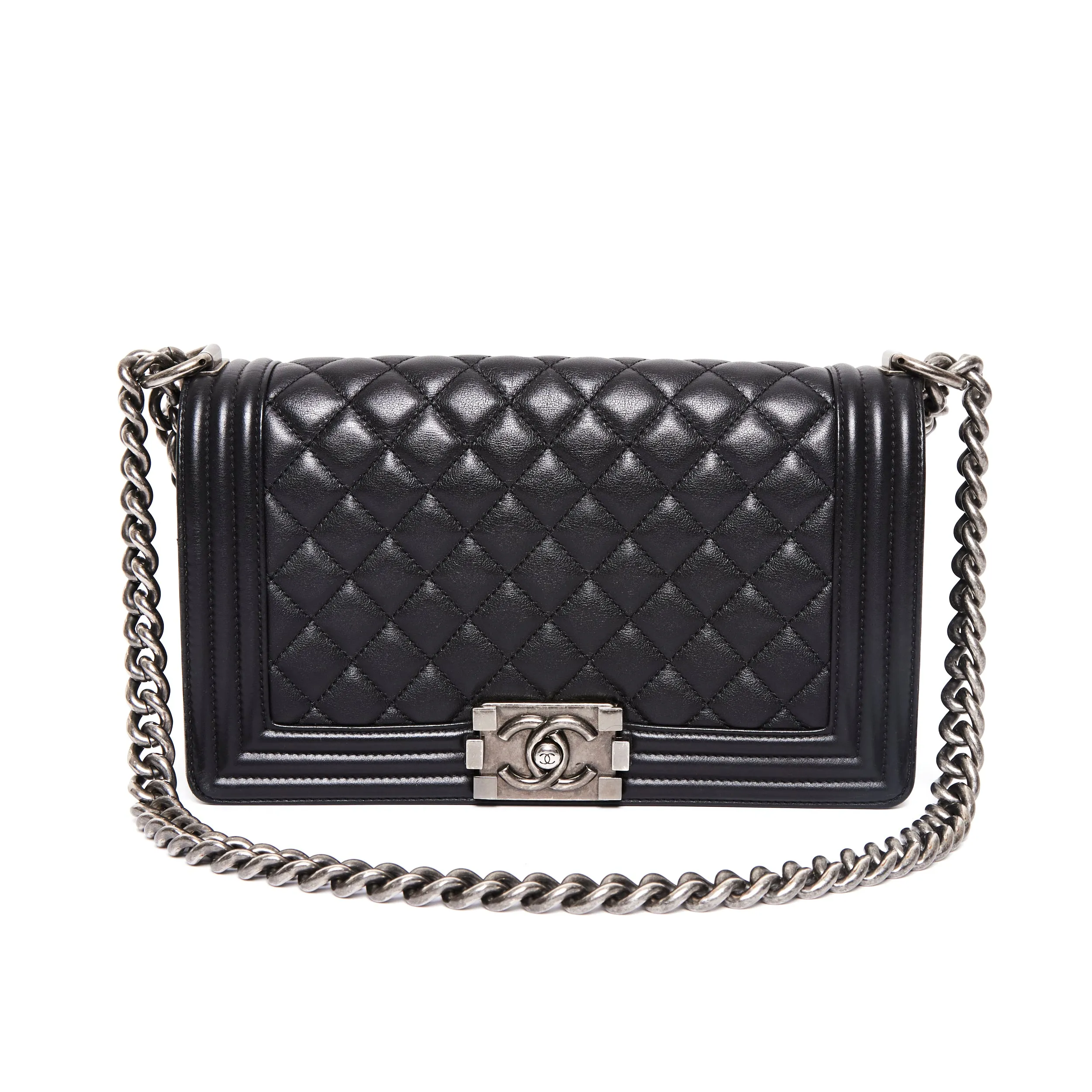 Daytime Look CHANEL Black Lambskin Quilted Old Medium Boy Flap Bag