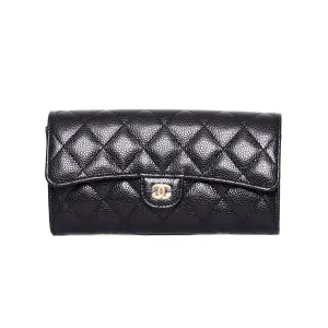 Campus Fashion CHANEL Classic Black Caviar Long Flap Wallet Black
