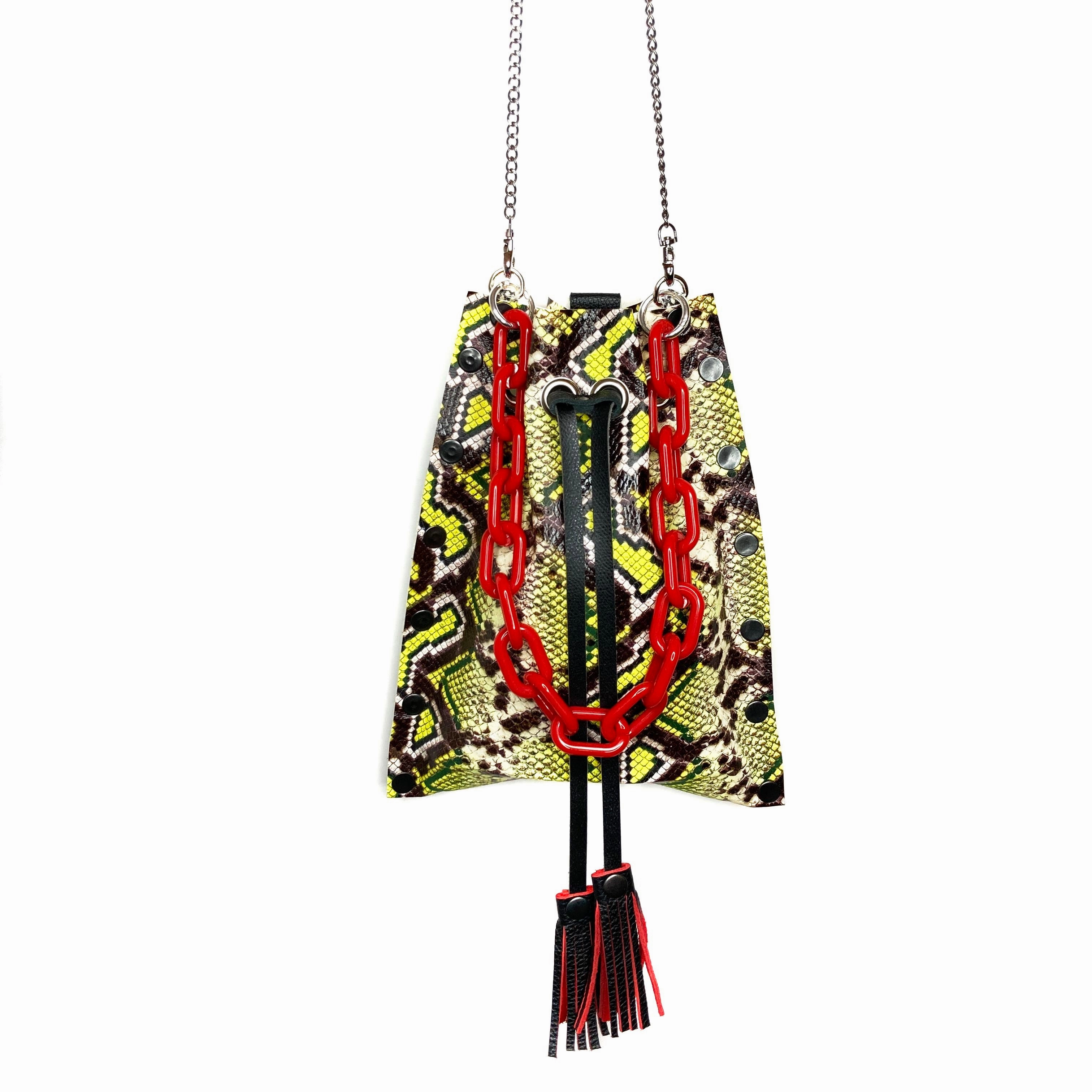 Weekend Getaway Portable Comfort Chartreuse Snakeprint Leather Drawstring Bag