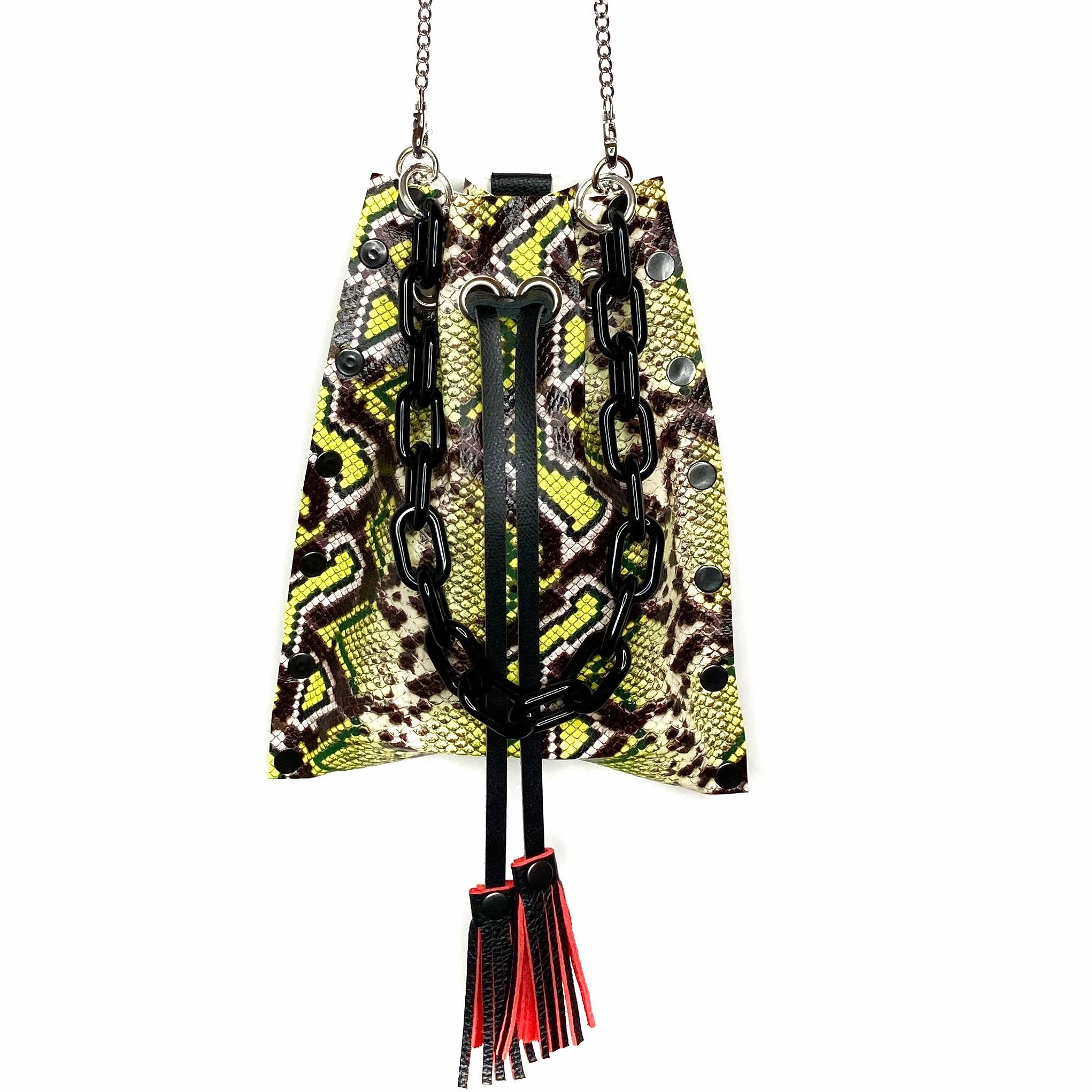 Chartreuse Snakeprint Leather Drawstring Bag Elegant Compact Form Fashion Ease