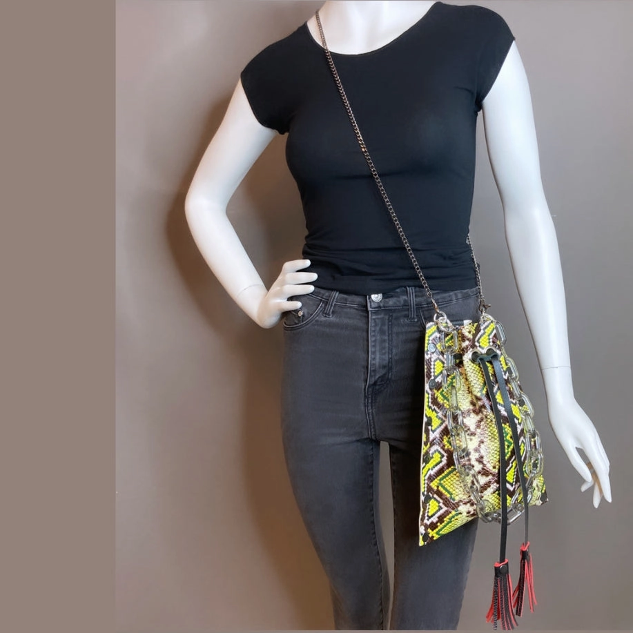 Chartreuse Snakeprint Leather Drawstring Bag Lightweight Functional Gear Flexible Use