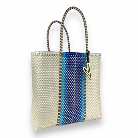 Holiday look Maria Victoria | Cabo Tote | Upcycled, Handwoven, Ivory&blues Tote