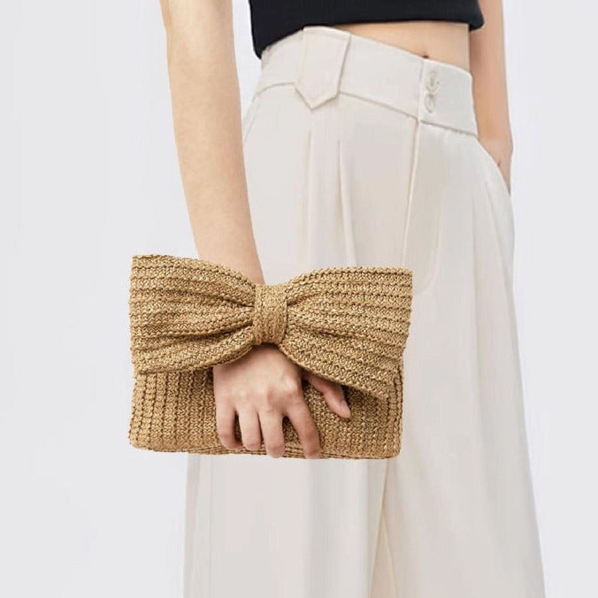 Elegant Touch Functional utility Christine | Natural Straw Clutch with Oversized Bow Detail
