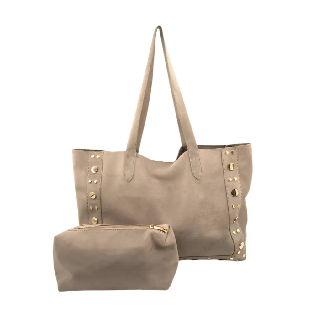 Bowen Taupe Suede Large BC Bag with Studs Aesthetic Engineering Bold flair