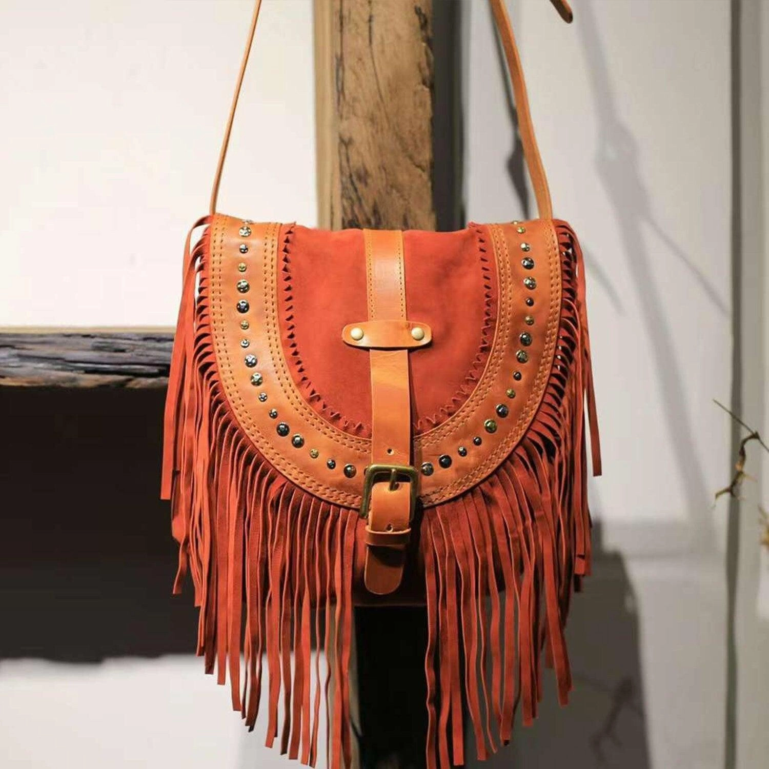 Suede Leather Fringe Bag Tan, Cowhide Leather Fringe Shoulder Purse, Lambskin Fringed Handbag, Crossbody Leather Bag, Handmade Bohemian Modern Journey Outdoor Simplicity