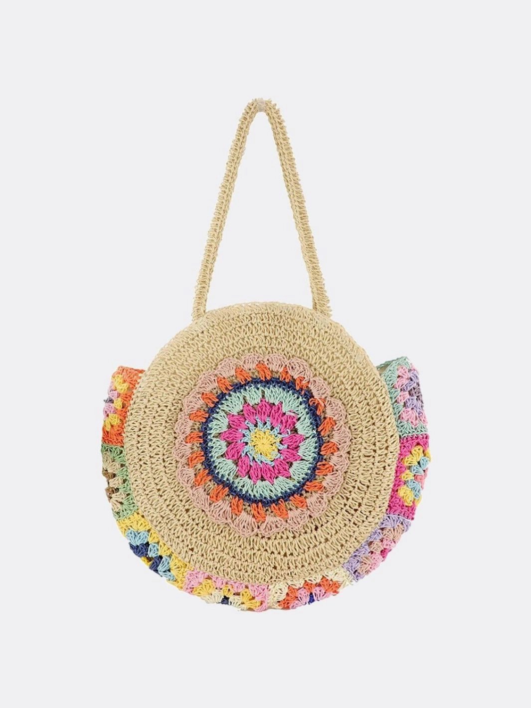 Travel Necessity Round Crochet Woven Bag ?C Boho Shoulder Tote with Colorful Detailing