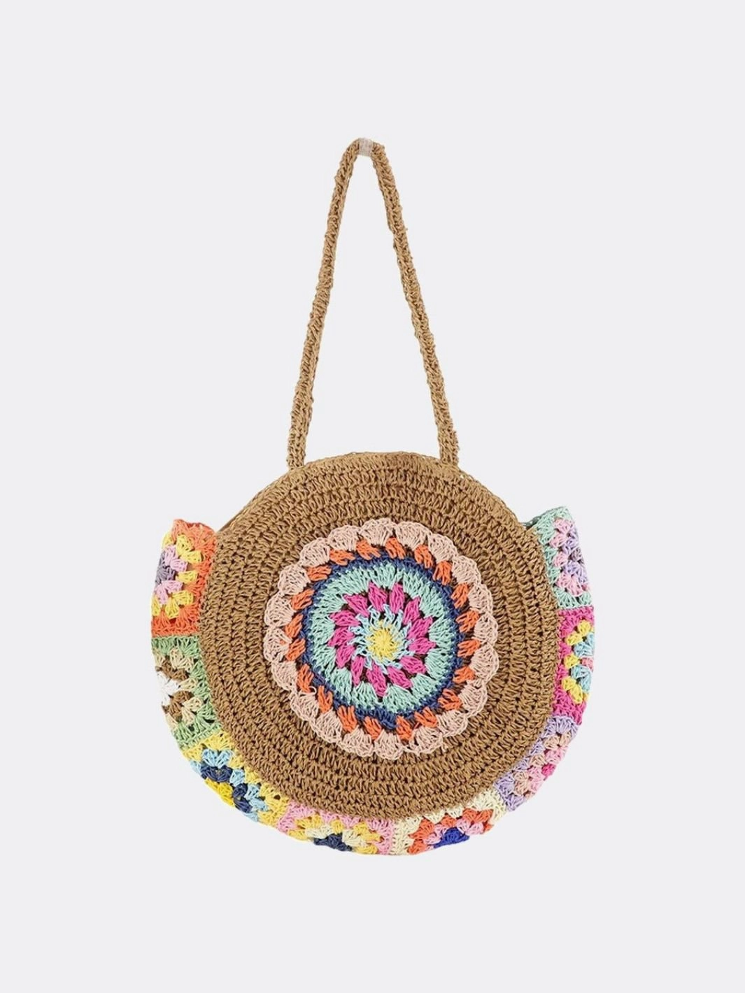 Round Crochet Woven Bag ?C Boho Shoulder Tote with Colorful Detailing Casual Gear Urban Gear