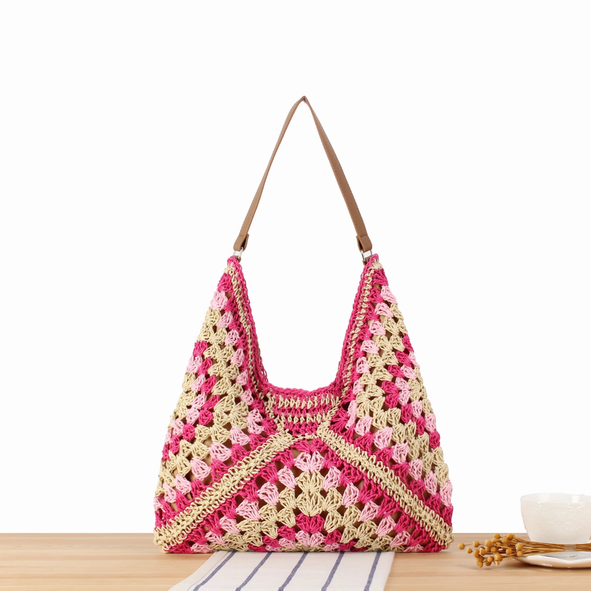 Crochet Woven Triangle Shoulder Bag ?C Boho Handcrafted Look All Season daily necessity