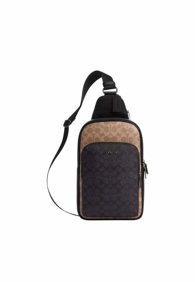 Coach Ethan Pack In Blocked Signature Canvas Sling Bag In Tan Charcoal Black CZ394 Everyday Carry Urban Travel Companion