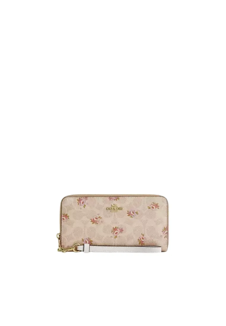 Formal Gear Coach Long Zip Around Wallet Signature Canvas With Floral Print In Sand Multi Car06