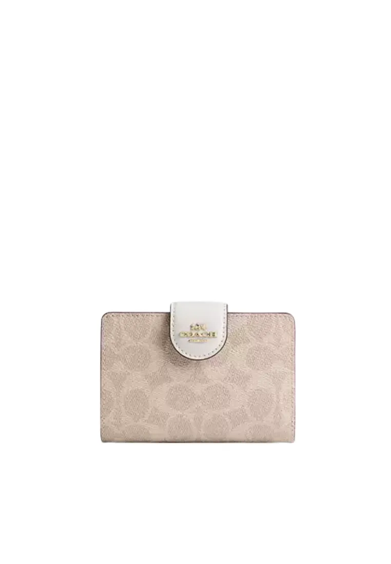 Neat Stitching Coach Medium Corner Zip Signature Canvas Wallet In Sand Chalk CW786