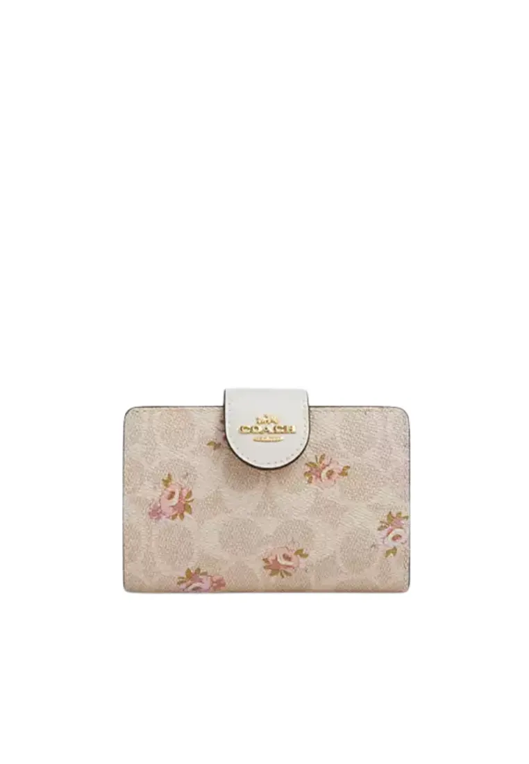 Handy Size Coach Medium Corner Zip Signature Canvas With Floral Print Wallet In Sand Multi CAR13