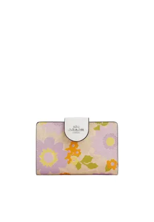 Premium Leather Coach Medium Corner Zip Signature Canvas With Floral Print Wallet In Sand Multi CBO30