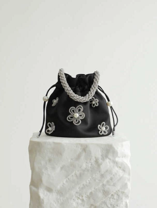 Water Resistant Casual Style Handcrafted Silk Crescent Hobo Handbag and Bucket Bag with Beaded Flower | Chic Top Handle Evening Party Bag for Women