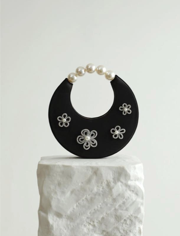 Handcrafted Silk Crescent Hobo Handbag and Bucket Bag with Beaded Flower | Chic Top Handle Evening Party Bag for Women Travel Organizer Practical Companion