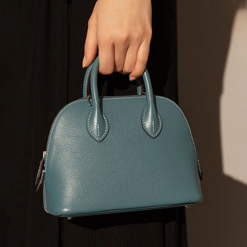 Classic Detail Polished Surface Women's Top Grain Leather Shell-Shaped Handbag