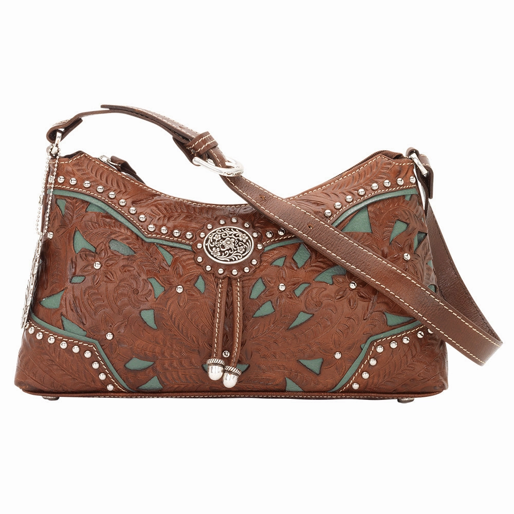 American West Handbag Lady Lace Collection: Leather Western Zip Top Shoulder Bag Minimal Carry