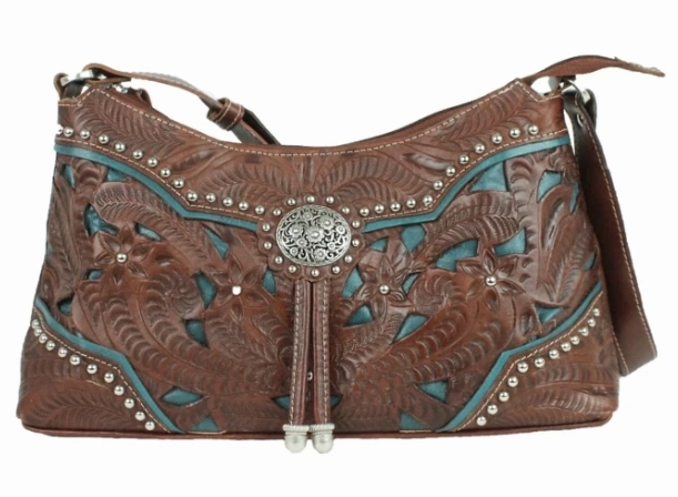 American West Handbag Lady Lace Collection: Leather Western Zip Top Shoulder Bag Pocket Access