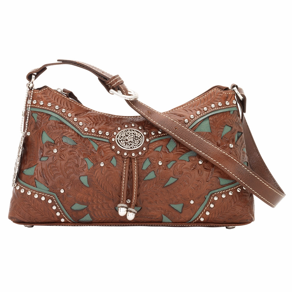 American West Handbag Lady Lace Collection: Leather Western Zip Top Shoulder Bag Executive Style Everyday Use