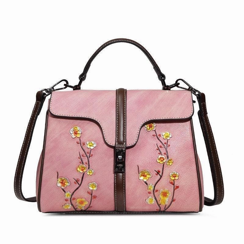 Practical Storage Floral Embroidery Cowhide Leather Shoulder Bag, Fashion Hand-carved Flowers Leather bag, Handcrafted Leather Crossbody Bag