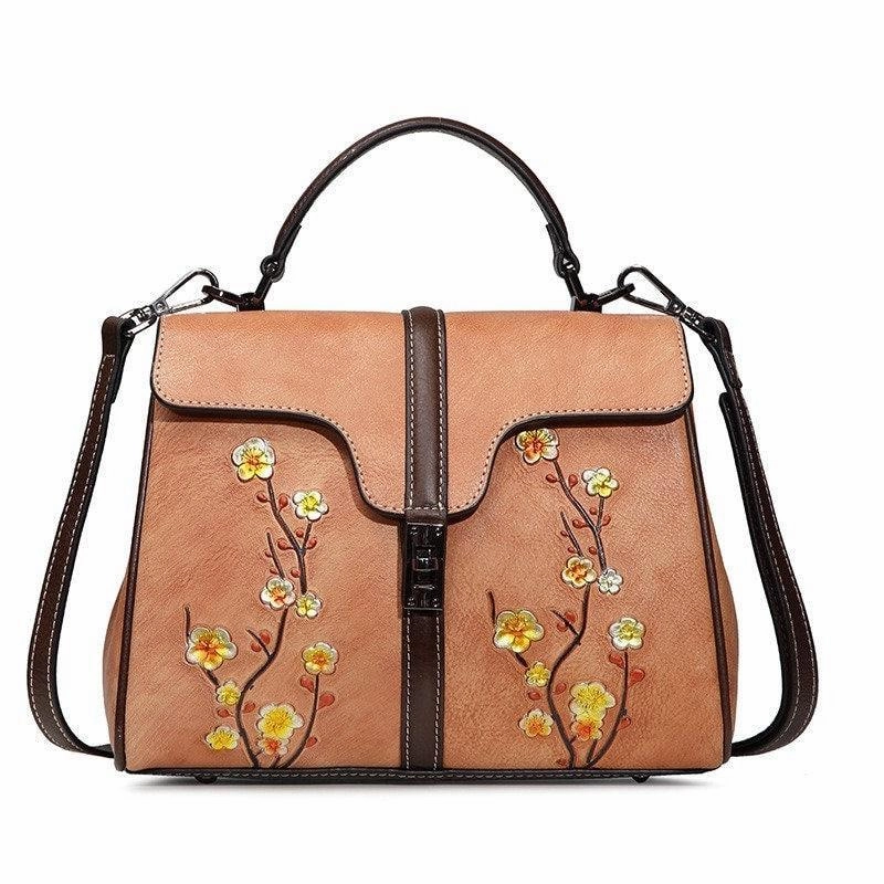 Floral Embroidery Cowhide Leather Shoulder Bag, Fashion Hand-carved Flowers Leather bag, Handcrafted Leather Crossbody Bag Comfort Utility