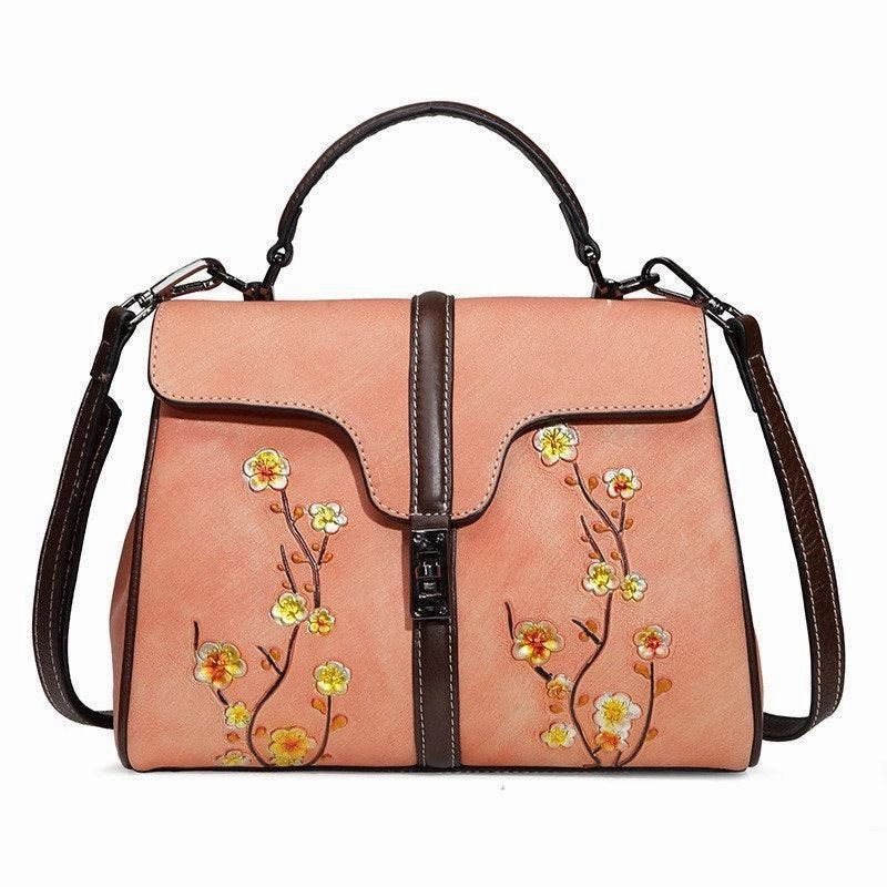Floral Embroidery Cowhide Leather Shoulder Bag, Fashion Hand-carved Flowers Leather bag, Handcrafted Leather Crossbody Bag On The Go Functional Gear