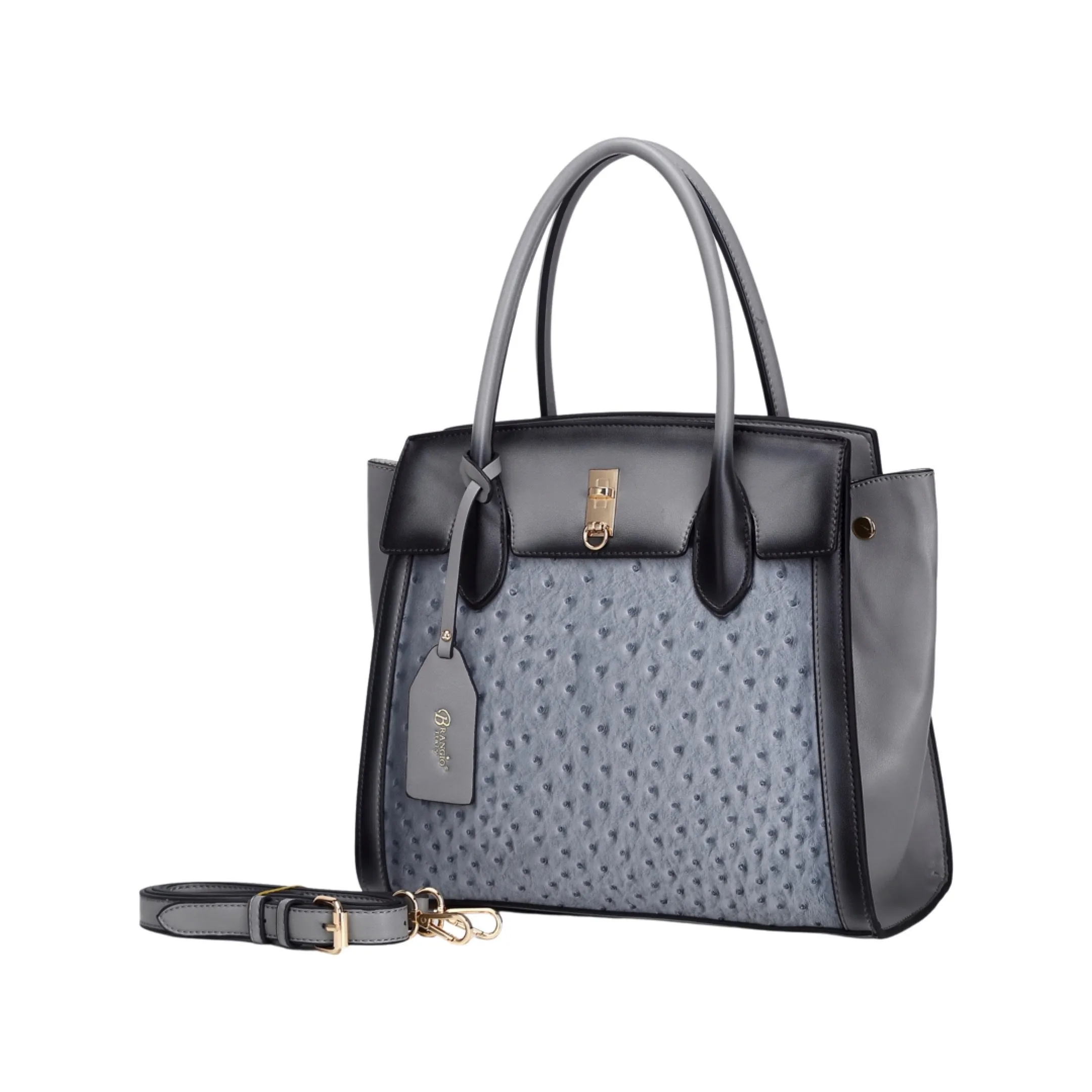Brangio Italy Ostrich-Embossed Luxury Handbag ?C Neutral Faux Leather Satchel Purse with Gold Lock Accent | U.S.A. Company Ships from L.A. Chic Office
