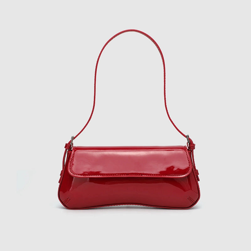 Modern Utility Street Style Lina | Glossy Vegan Leather Shoulder Bag ?C Sleek Flap & Retro Baguette Shape