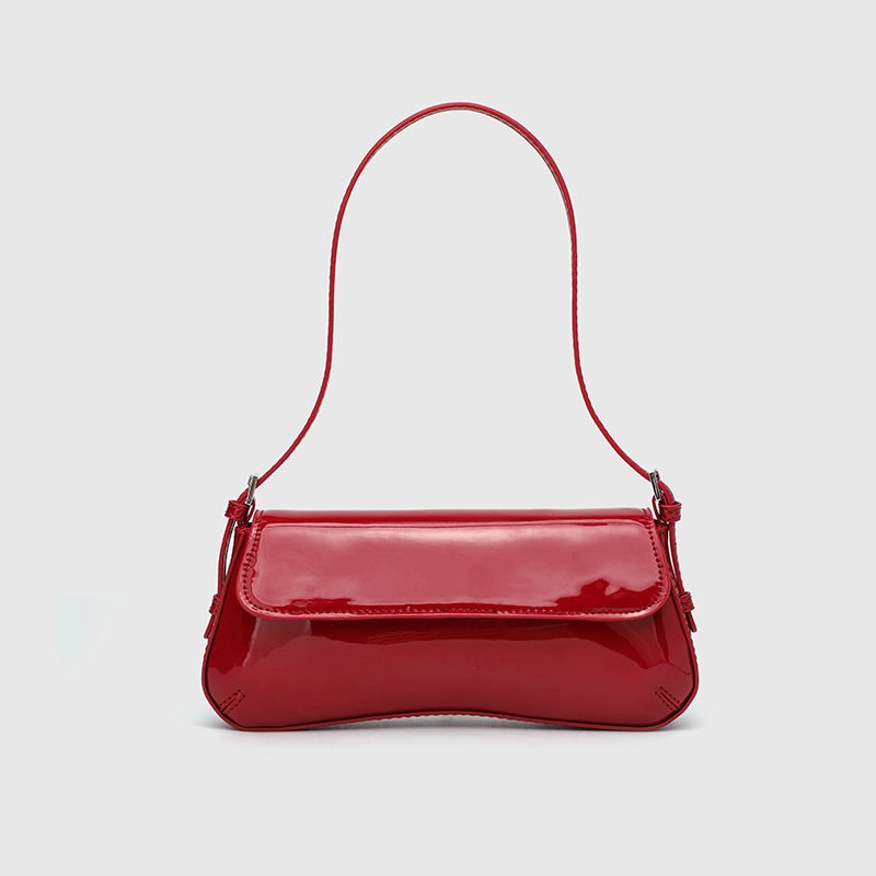 Lina | Glossy Vegan Leather Shoulder Bag ?C Sleek Flap & Retro Baguette Shape Casual Daily Classic Look