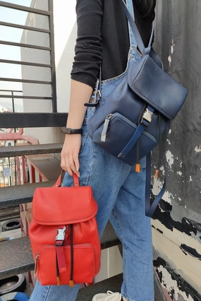 Cowhide Leather Small Backpack Women, Drawstring Opening Backpack, Handcrafted Leather Backpack Blue, Brown, Coffee Weekend Travel Functional Journey