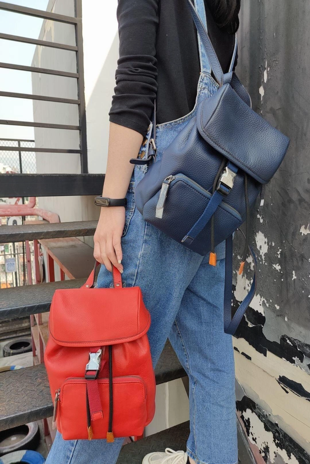 Cowhide Leather Small Backpack Women, Drawstring Opening Backpack, Handcrafted Leather Backpack Blue, Brown, Coffee Weekend Travel Functional Journey