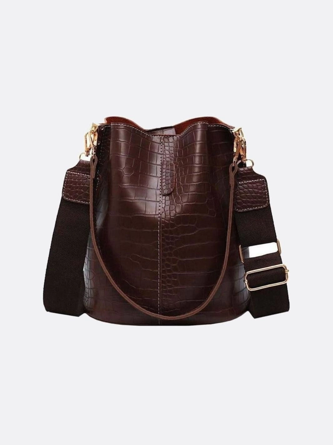 Casual Day Croc-Embossed Bucket Bag ?C Faux Leather Shoulder Bag with Wide Strap
