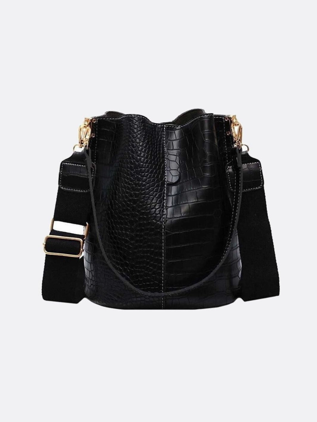 Lightweight Carry Croc-Embossed Bucket Bag ?C Faux Leather Shoulder Bag with Wide Strap