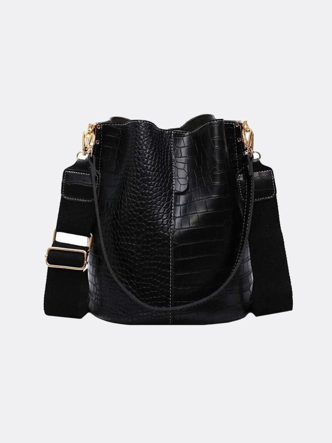 Croc-Embossed Bucket Bag ?C Faux Leather Shoulder Bag with Wide Strap Daily Functionality