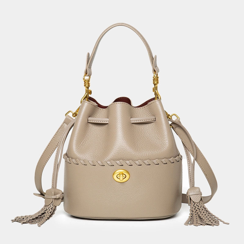 Effortless Style Women??s Leather Bucket Bag ?C Hand-Stitched Minimalist Design