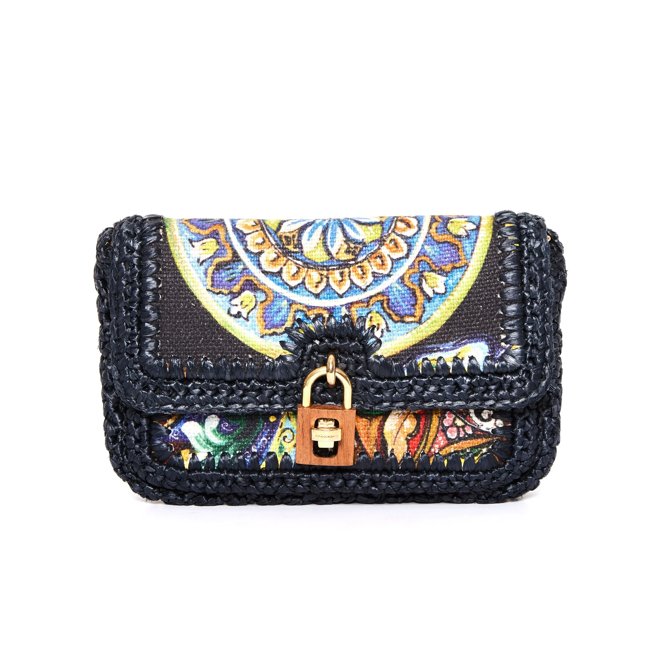 Casual Routine Fashion Appeal DOLCE & GABBANA Runway navy raffia braid baroque gold lock crossbody bag