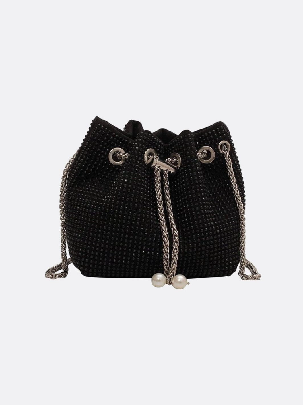 Lightweight Modern Outfit Provides a simple yet elegant solution for your daily carrying needs Drawstring bucket bag with rhinestones and chain strap