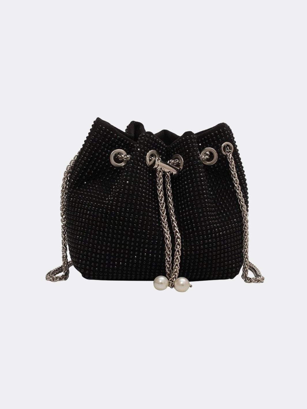 Drawstring bucket bag with rhinestones and chain strap Understated Luxury Trendy Wardrobe Piece