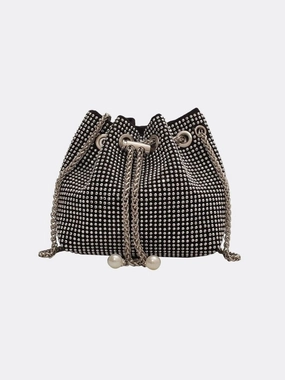 Ergonomic Utility Drawstring bucket bag with rhinestones and chain strap