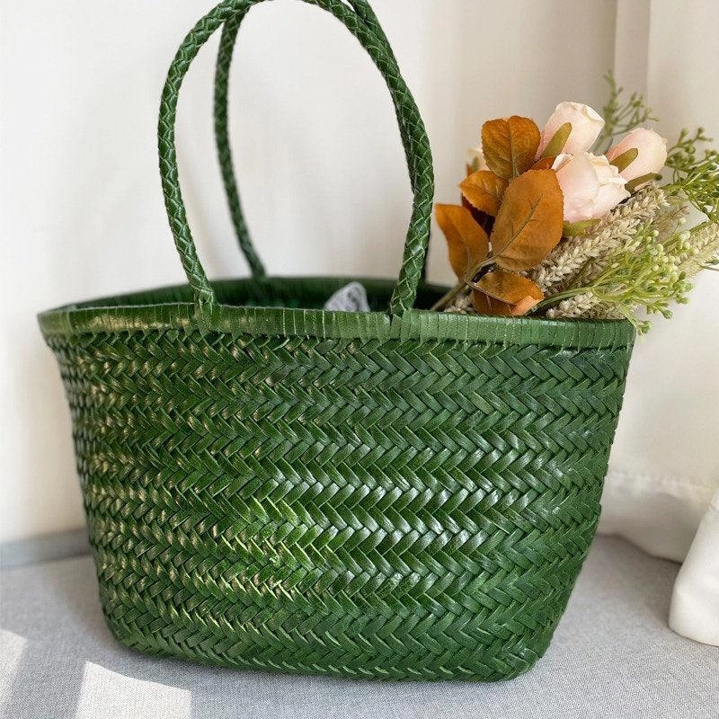 Handcrafted Grain Leather Summer Woven Bag, Woven Triple Jump Bamboo Style HandBag, Beach Bag, Basket Bag, Forest Green, Blue, White Functional Accessory