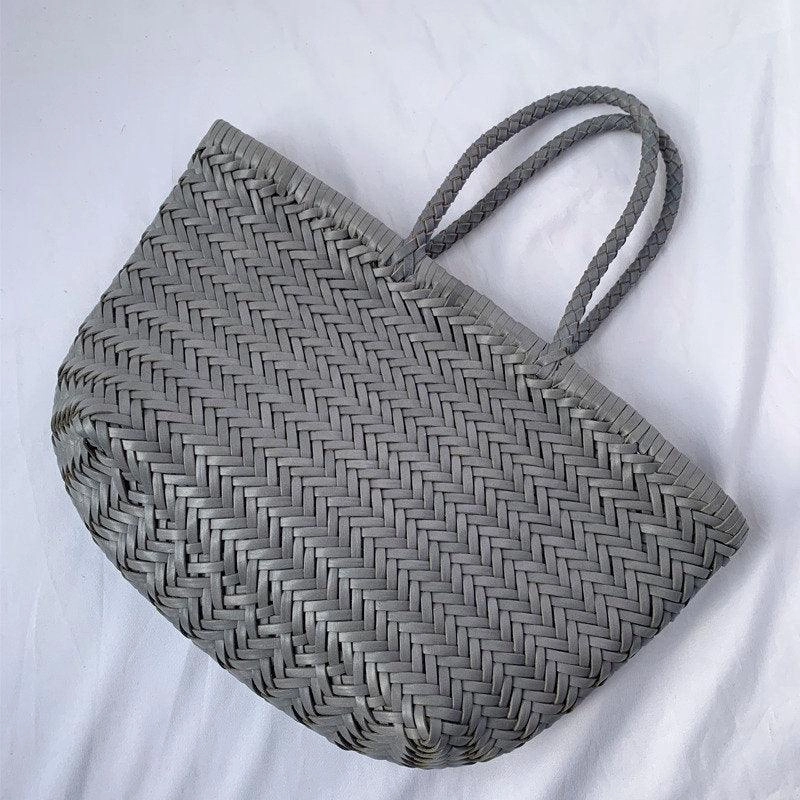 Handcrafted Grain Leather Summer Woven Bag, Woven Triple Jump Bamboo Style HandBag, Beach Bag, Basket Bag, Forest Green, Blue, White Everyday Use
