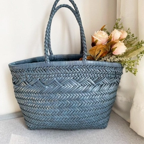 Handcrafted Grain Leather Summer Woven Bag, Woven Triple Jump Bamboo Style HandBag, Beach Bag, Basket Bag, Forest Green, Blue, White Travel Necessity